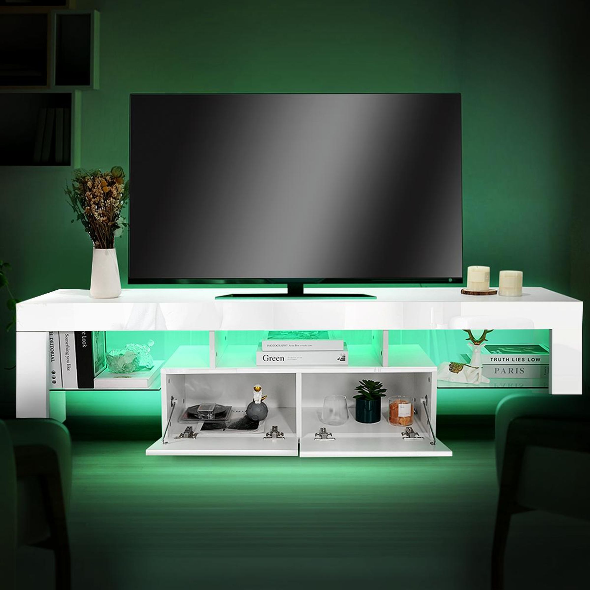 OYAJIA TV-Schrank Fernsehschrank mit LED-Beleuchtung, 160 cm Lowboard mit 2 Schubladen, 3 offenes Regalfach, viel Stauraum, griffloses TV-Schrank