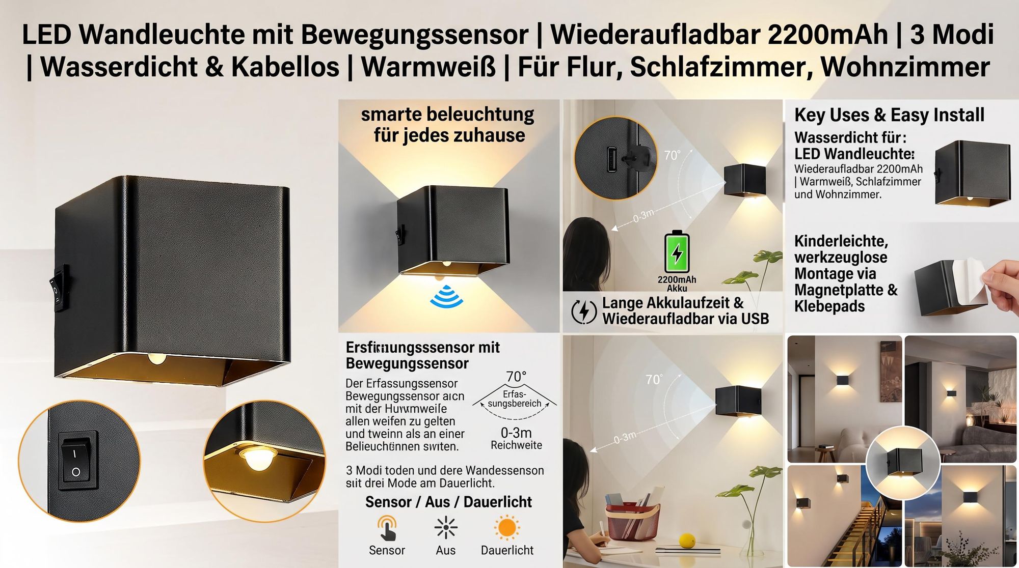 LED Wandleuchte mit Bewegungssensor | Wiederaufladbar 2200mAh | 3 Modi | Wasserdicht & Kabellos | Warmweiß | Für Flur, Schlafzimmer, Wohnzimmer