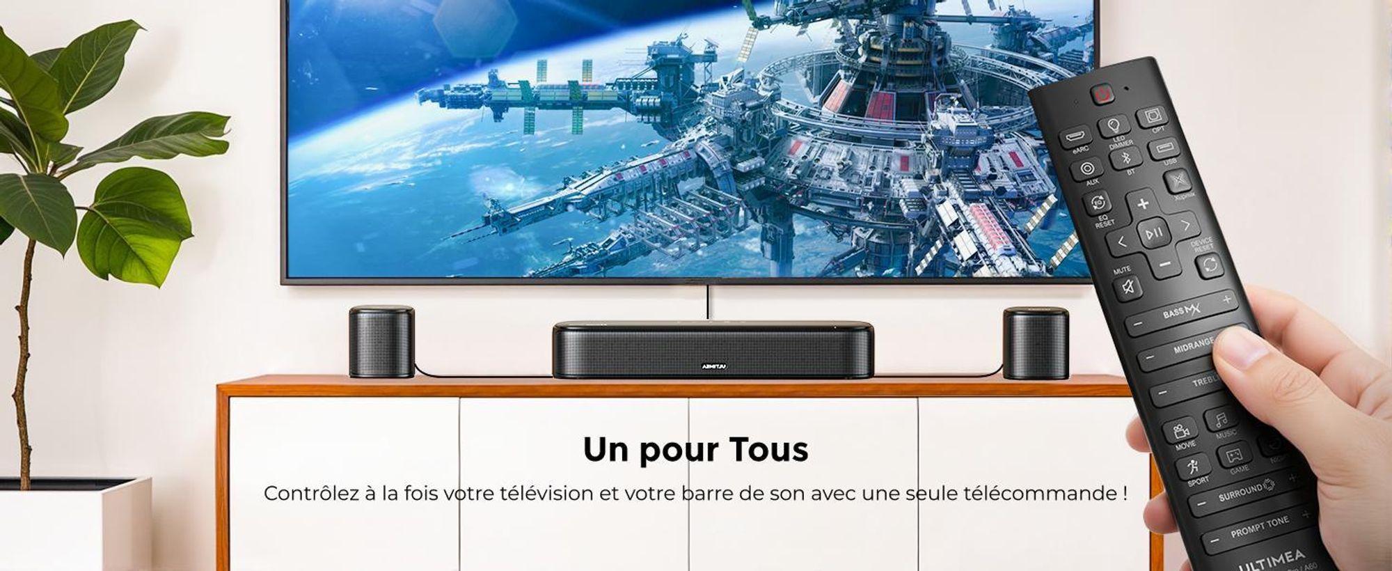 Barre de son ULTIMEA 7.1 canaux Dolby Atmos avec caisson de basses pour téléviseur, système de son surround pour home cinéma,via application, 4 enceintes surround