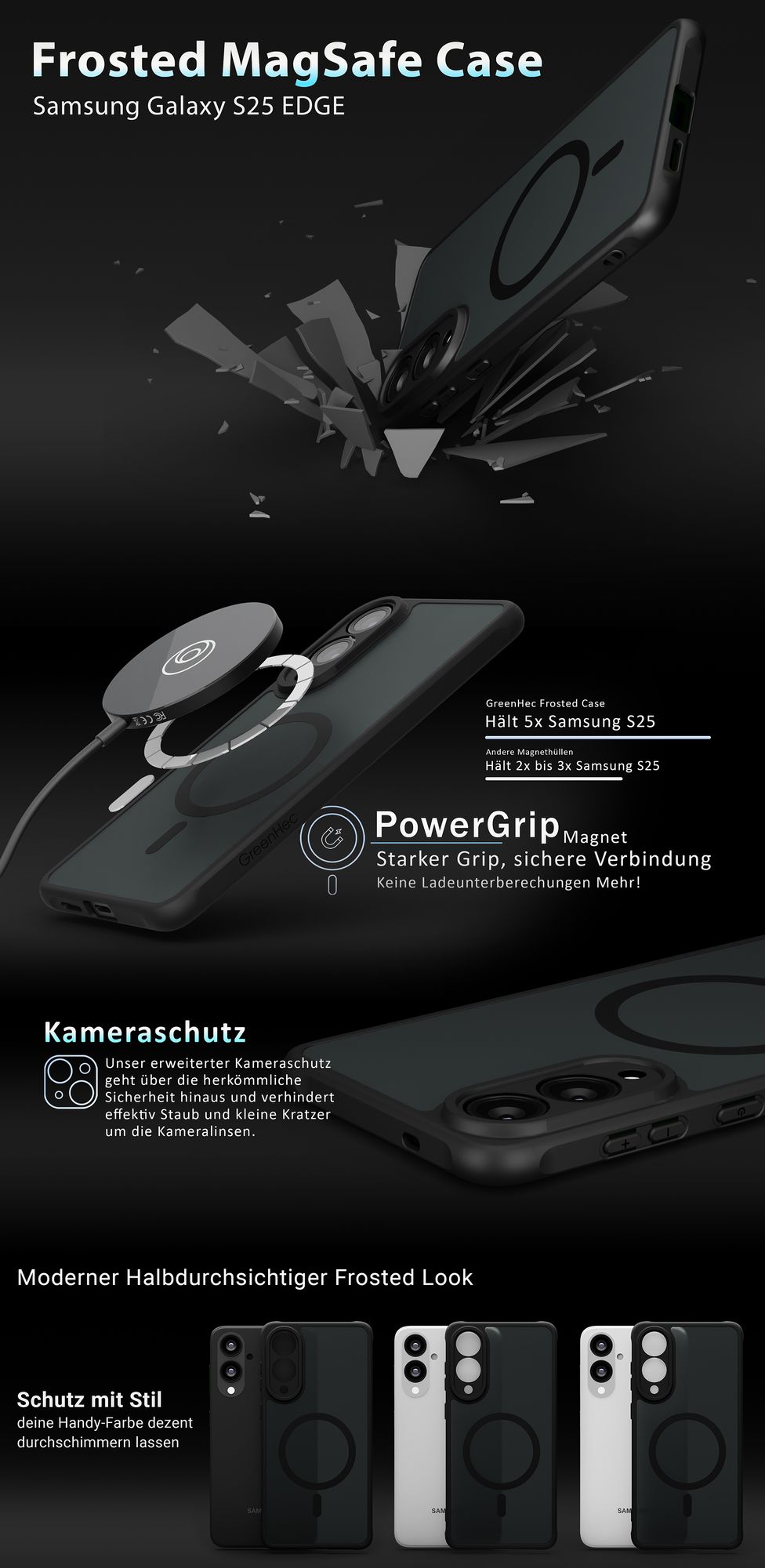Case Samsung Galaxy S25 EDGE | MagSafe Magnetring Matt Schwarz Dünn | Schutzhülle stoßfest Kameraschutz | GreenHec Frosted Black