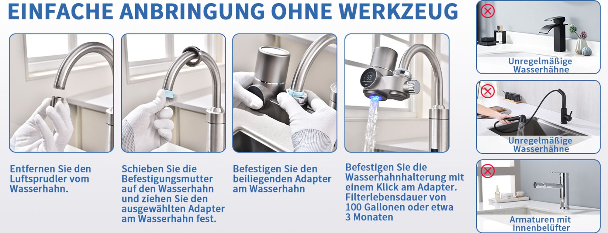 Homelody Wasserfilter für Wasserhahn mit Blaulicht-Sterilisation, Wasserfilter für Standard-Wasserhähne mit 2 Pack Wasserfilter Cartridges