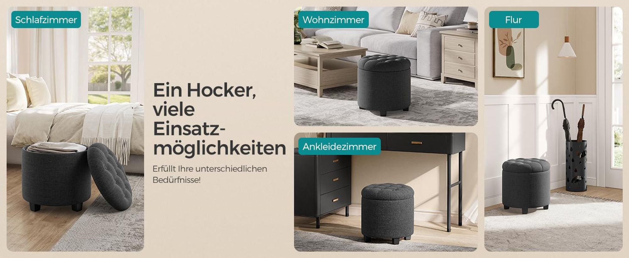 SONGMICS Sitzhocker rund, Fußhocker mit Stauraum, Schminkhocker mit Beinen, 45 cm d, 44,5 cm H, bis 150 kg belastbar