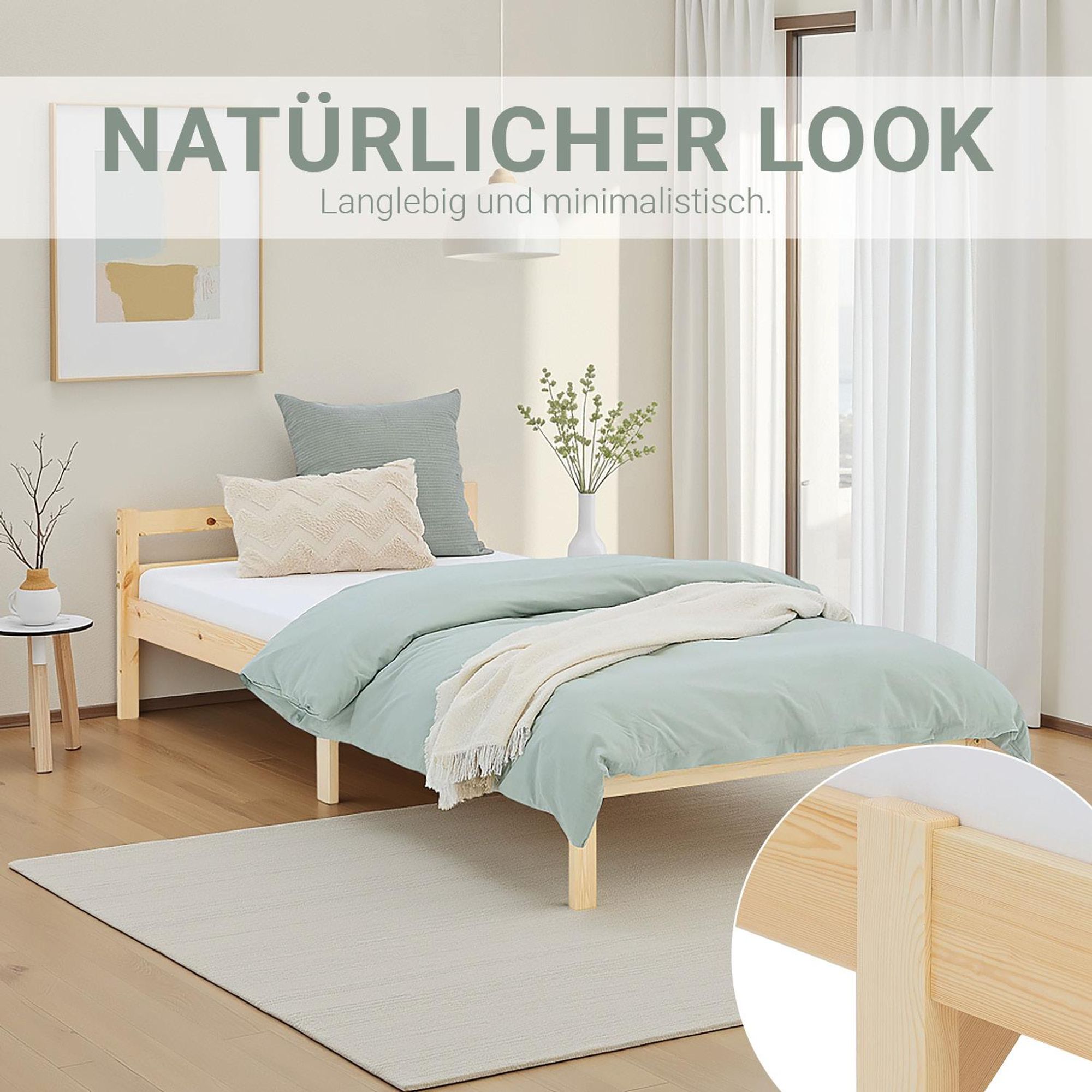 Das Bild zeigt neben dem Bett ein Detailbild mit der schönen Holzstruktur.