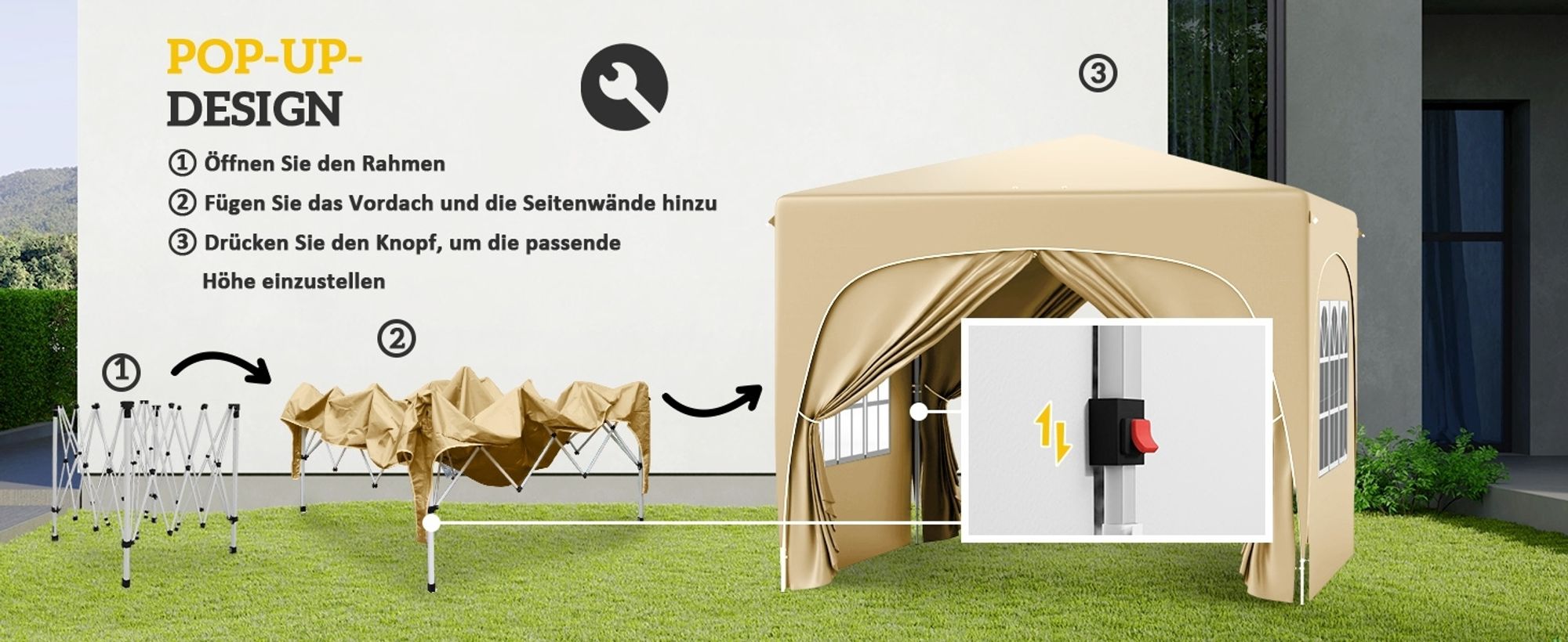 Outsunny Pavillon 3x3m wasserabweisend Stabil Winterfest Pop-up Faltpavillon