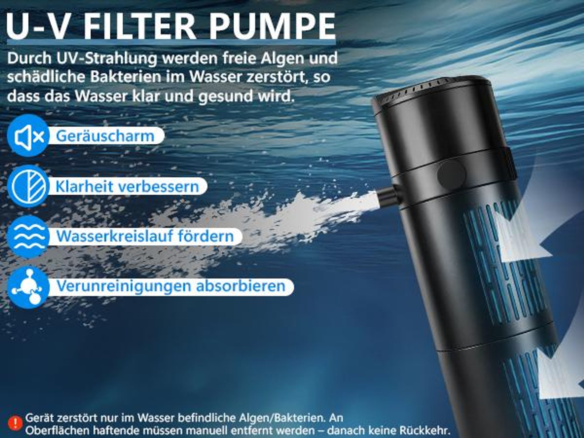 4-in-1 Filterpumpe, Aquarium Innenfilter mit 8W UVC Klärer & Timer für 150-300L, 800L/h, Filterung, Belüftung, Strömung, Regenwald-Modus, Tauchpumpe