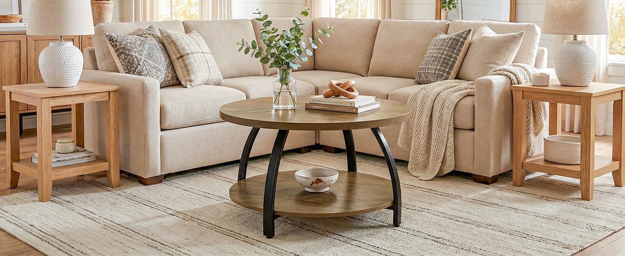 Couchtisch, 80 cm Beistelltisch, Doppelstöckiger Wohnzimmertisch, Runder Sofatisch mit Stauraum, für Zuhause, Wohnung, Büro