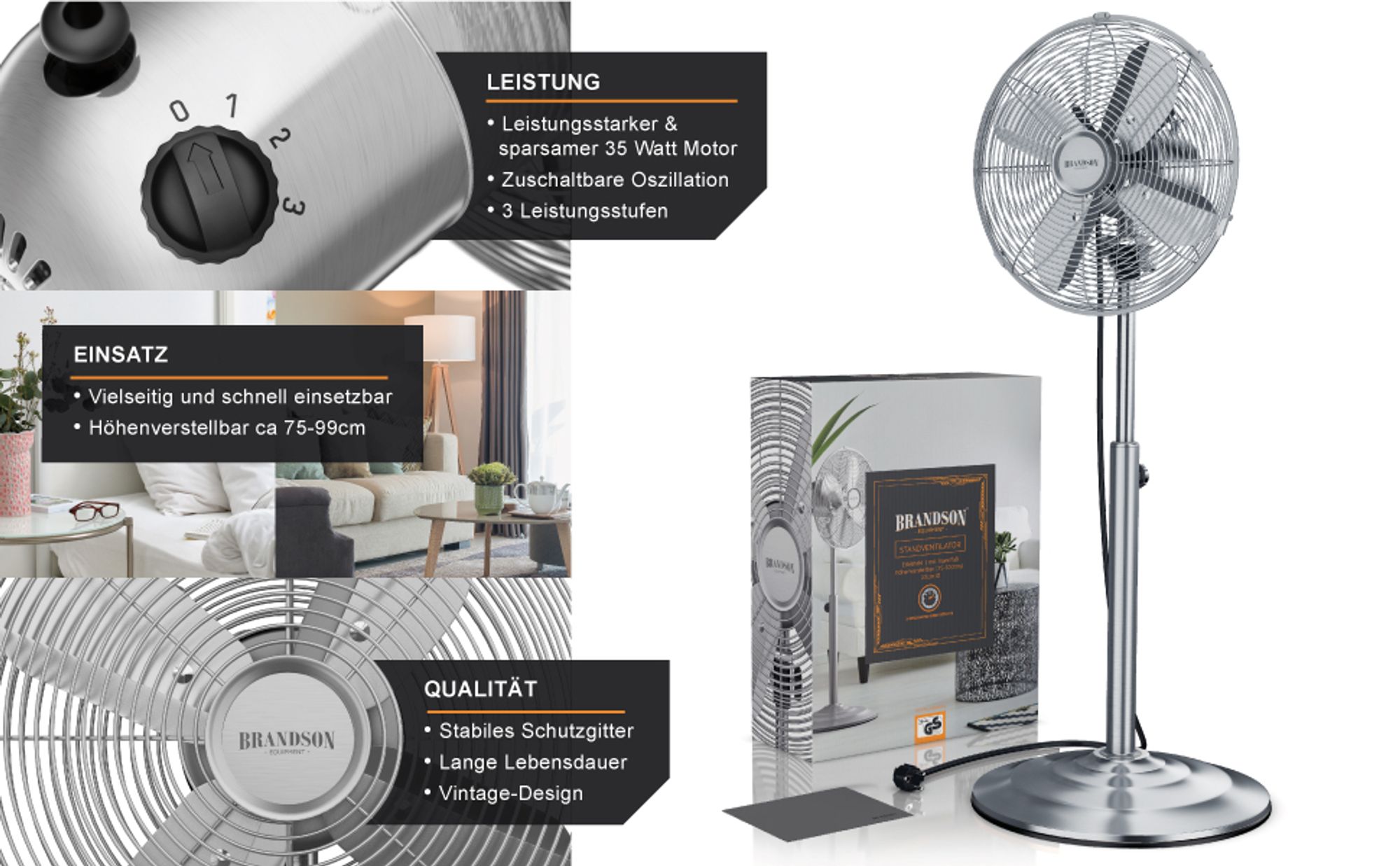 Standventilator in Chrom mit Verpackung und Infos zu Leistung, Einsatz und Vintage-Design