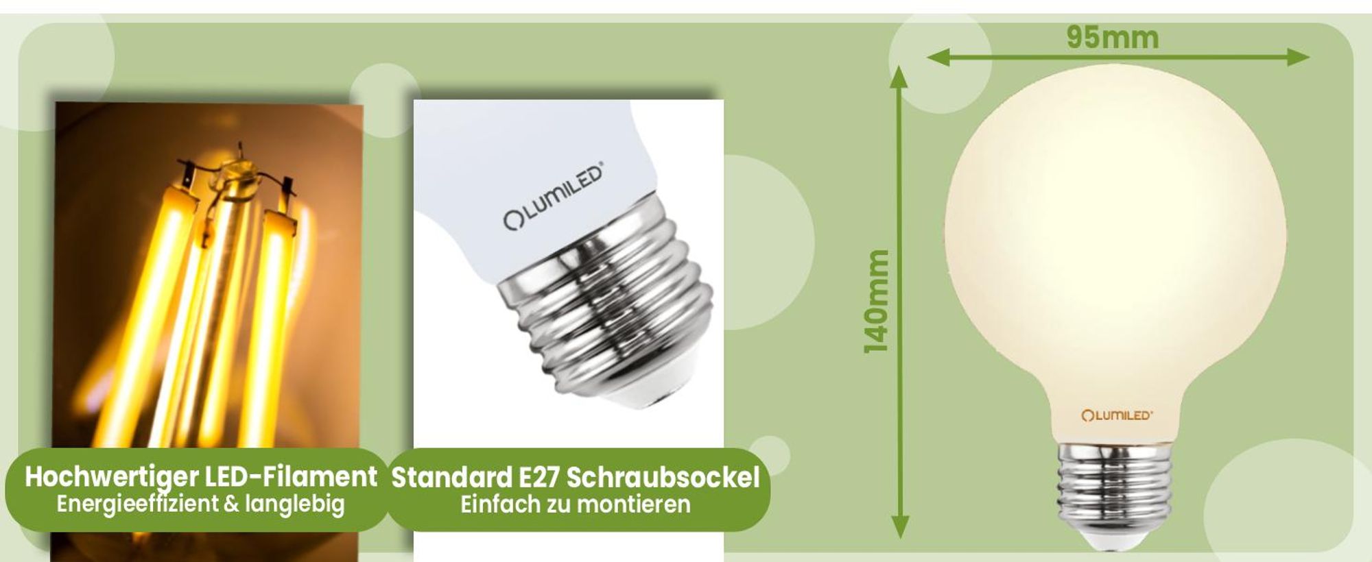 LUMILED 3x E27 LED Lampen G95 Vintage Globe 8W Ersetzt 75W Glühlampe 880lm Leuchtmittel 3000K Warmweiß Glühbirne milchig Filament Glas Große Kugel Deko 3 Stück Birnen Haus Café Bar ?95mm