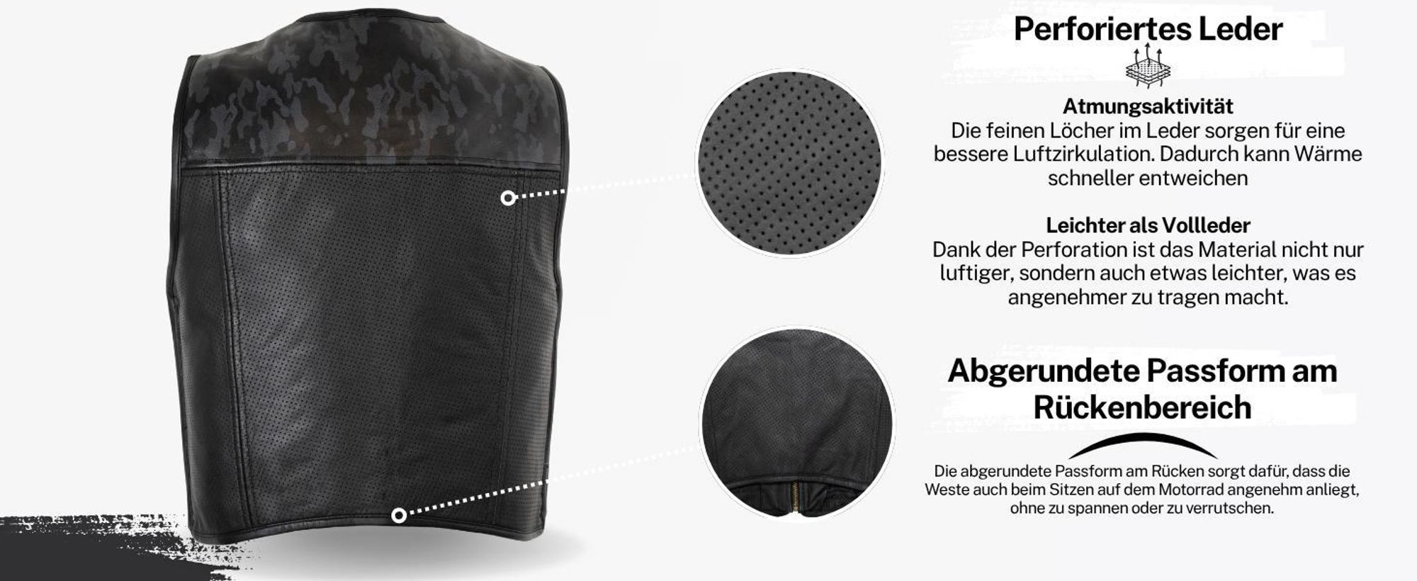 Herren Biker Black Camo Lederkutte Lederweste Motorrad Custom Kutte Perforiert(XL)