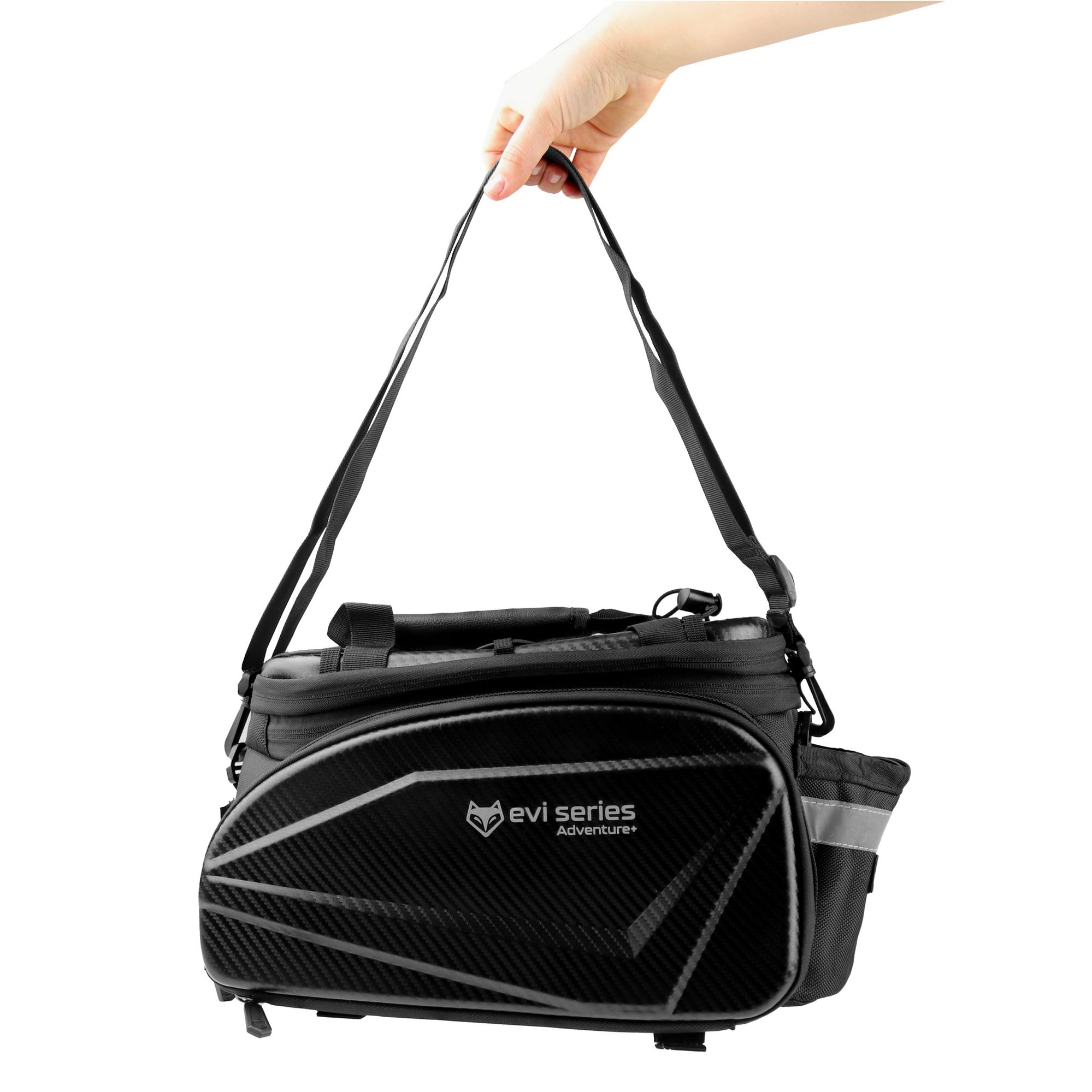 Wodoodporna torba rowerowa na bagażnik 35 l, torba bagażowa EVA Hardtop z osłoną przeciwdeszczową i paskiem na ramię, odblaskowa, EVI BIKE Adventure+ czarna