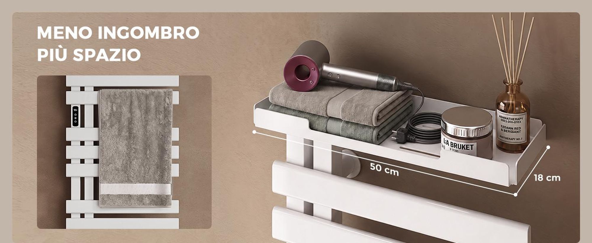 S'AFIELINA Scaldasalviette Elettrico con Ripiano 1050×500 mm 335 W Bianco,Termoarredo WiFi, Riscaldamento in Fibra di Carbonio, 6 Modalità