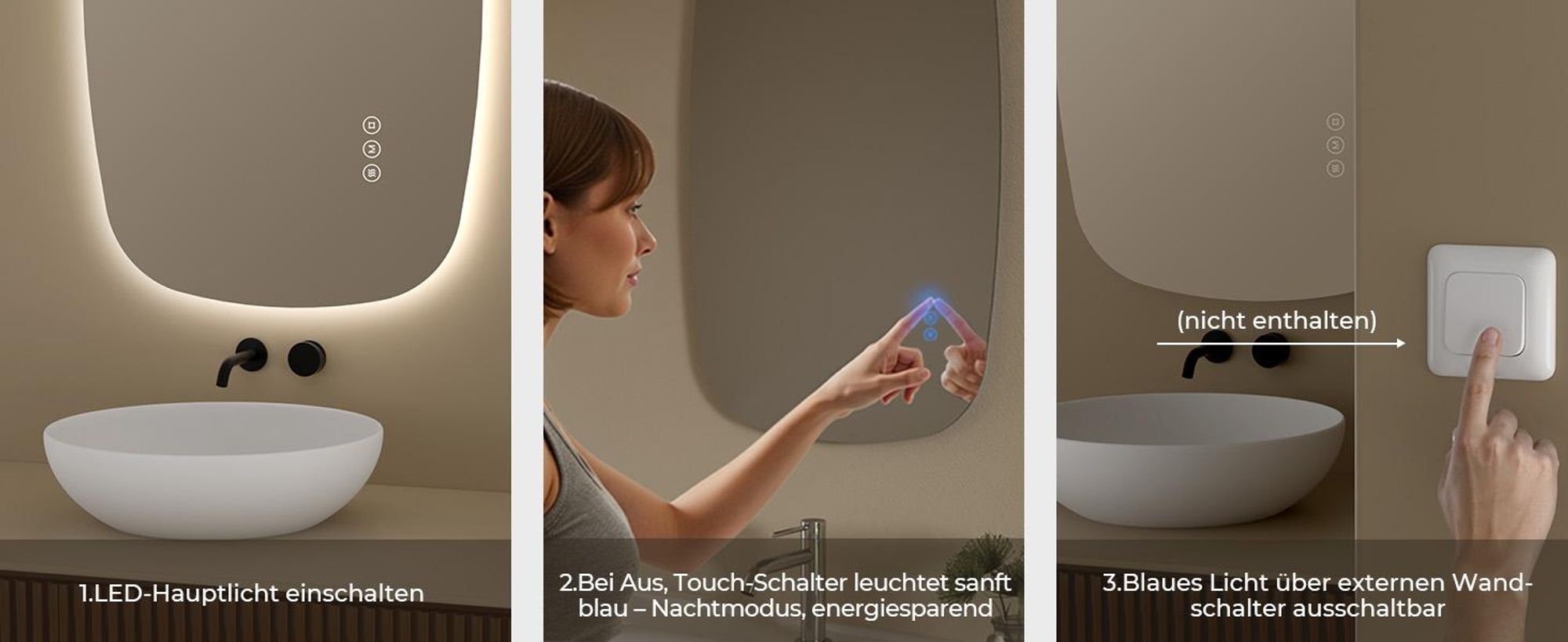 S'AFIELINA 95×60 cm Wandspiegel LED – Badspiegel mit Beleuchtung, HD-Glas , dimmbar, 3-farbige LED, Anti-Beschlag, horizontal & vertikal aufhängbar