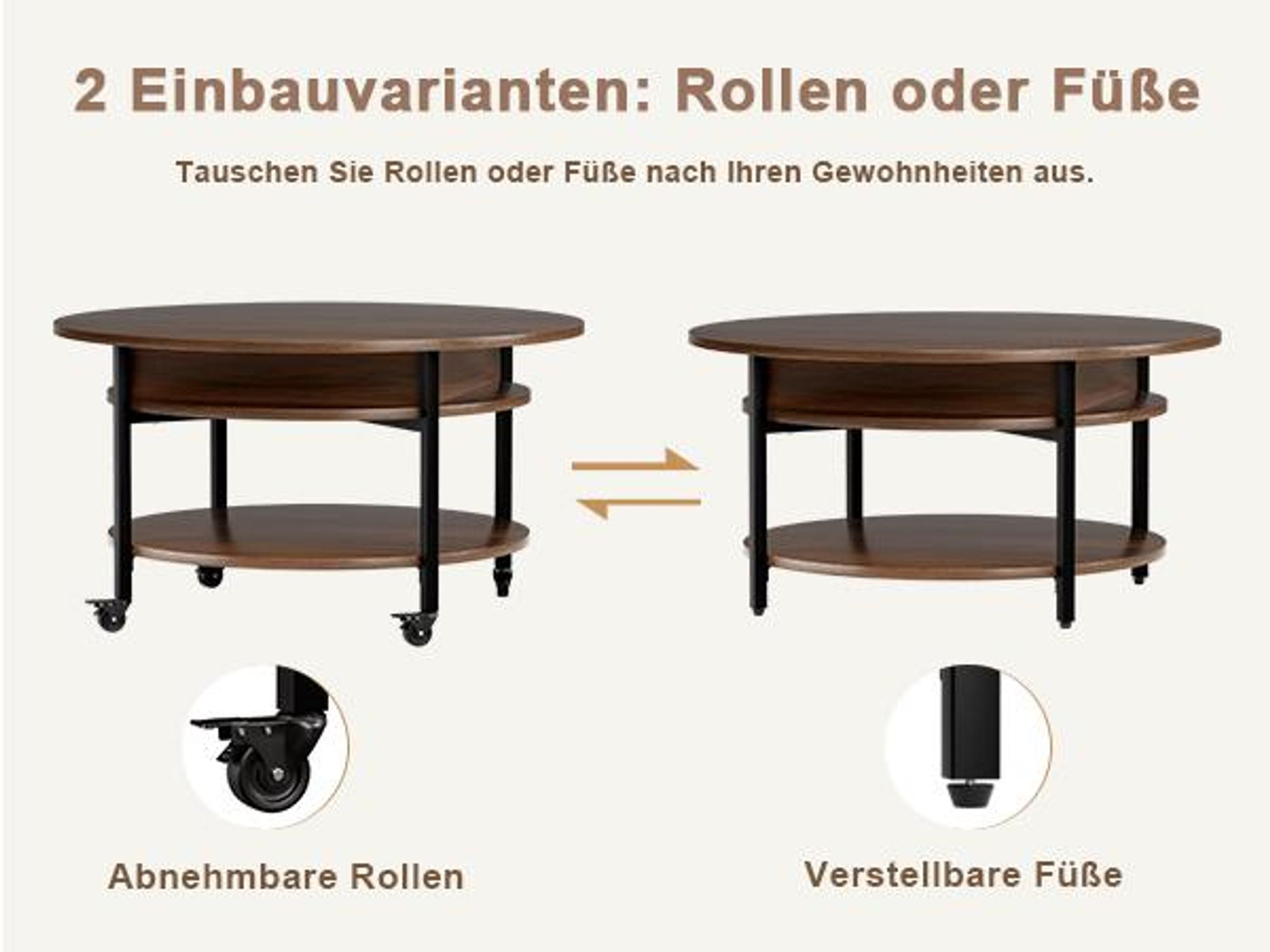 FABATO Runder höhenverstellbarer Couchtisch mit Rädern & Staufach – 26,77 Zoll (ca. 68 cm), 2-stufig, auch als Esstisch nutzbar, in Espresso
