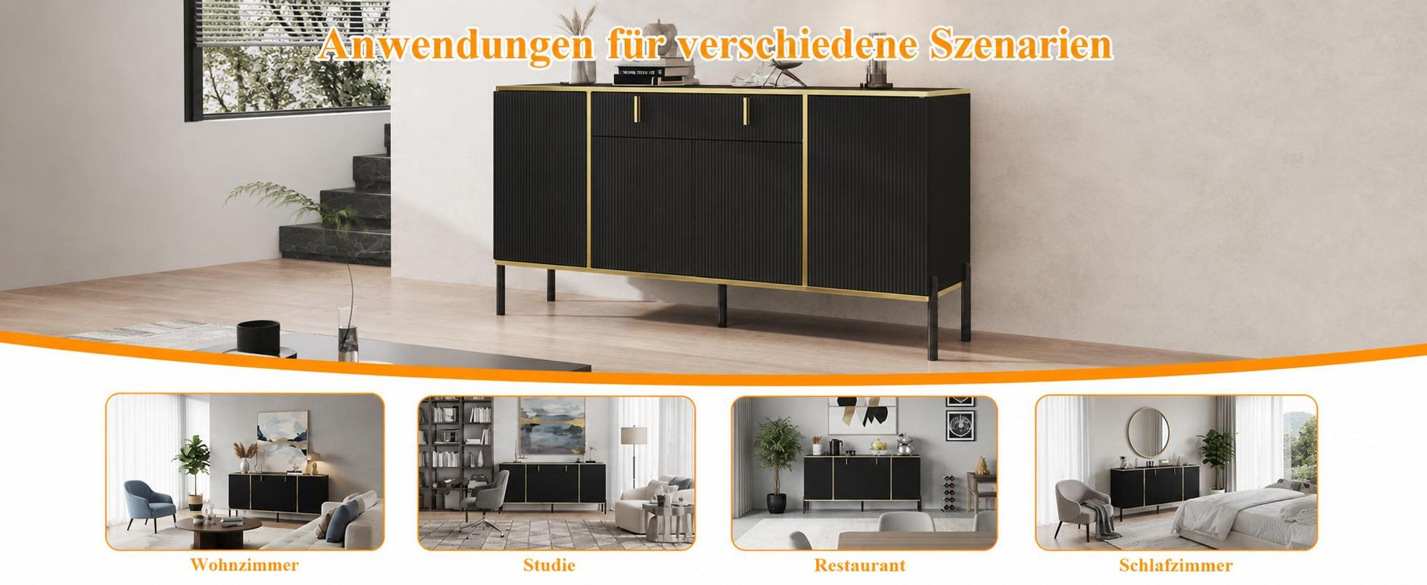160 cm Sideboard mit 1 großen Schublade 4 Türen, Kommode mit Verstellbaren Einlegeböden, mit 5 Füßen, Schwarz und Gold, 160 x 40 x 80 cm