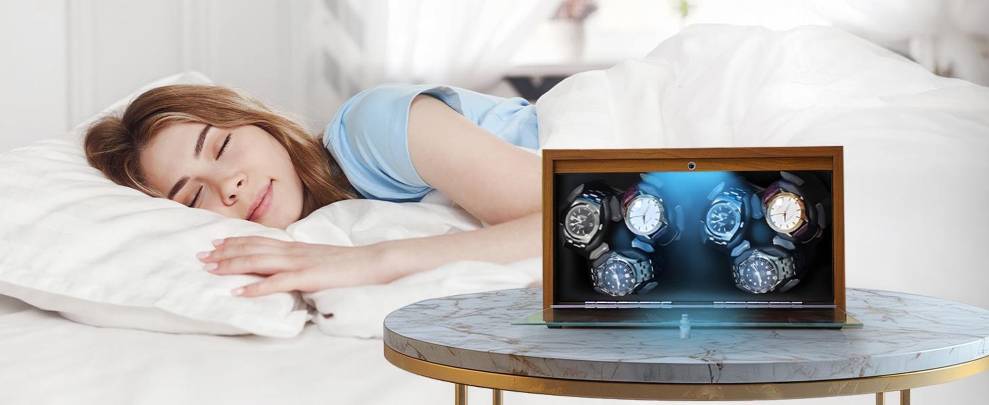 Olvy horlogewinder voor 6 horloges, met LED-verlichting, horlogewinderkast van hout, extreem stille Mabuchi-motor, flexibele horlogebakjes, horlogewinder