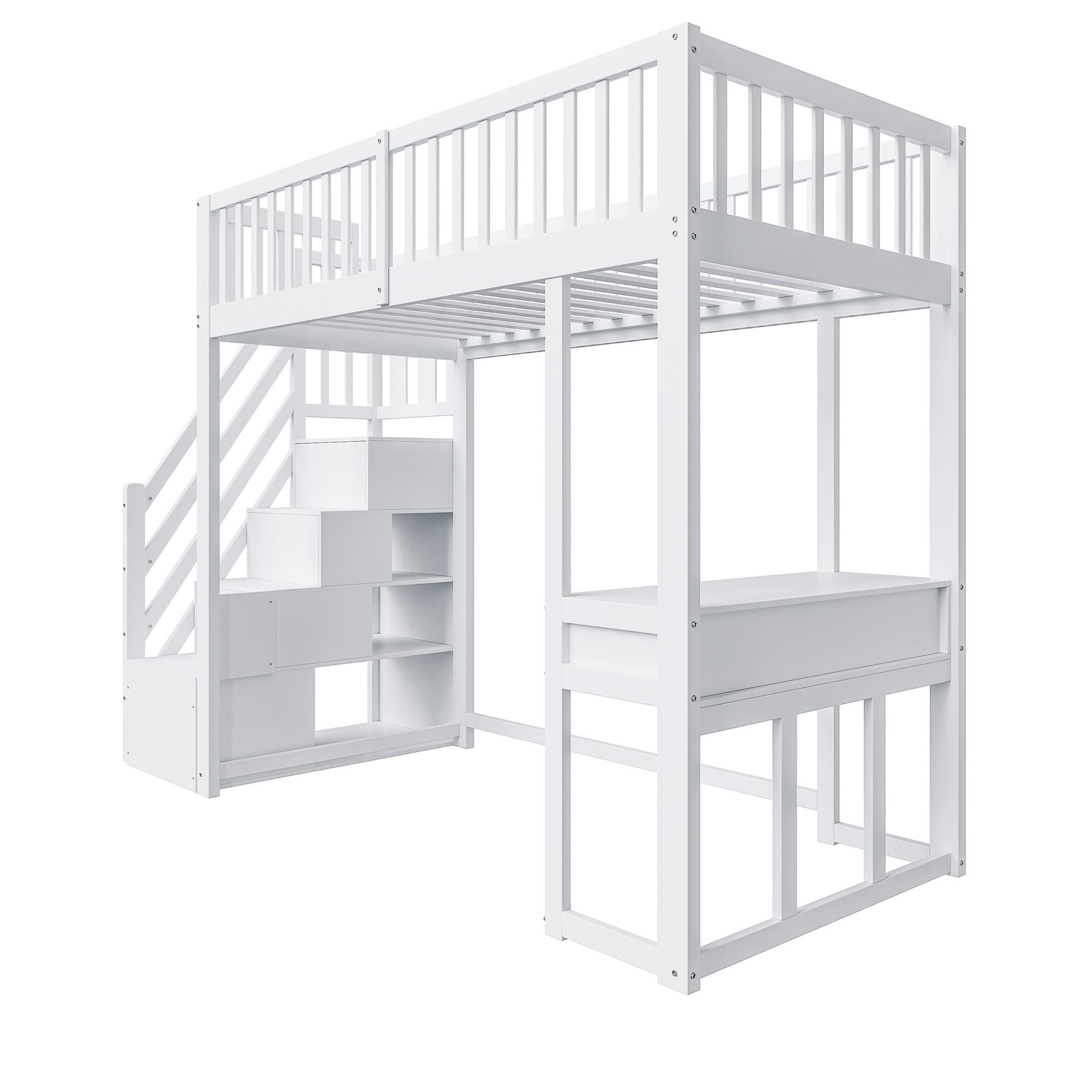 Flieks Etagenbett 90x200cm mit Rausfallschutz, Hochbett mit Schreibtisch, Kinderbett Einzelbett Holzbett mit Schubladen, Stockbett mit Treppe, Weiß