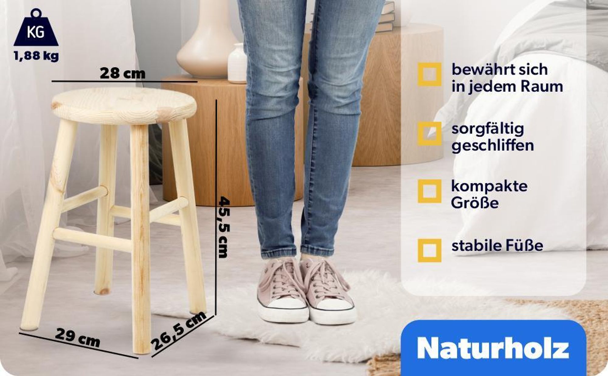 KADAX Holzhocker "Falun", aus natürlichen unlackierten Kiefernholz, Sitzhocker, Tritthocker, Rund