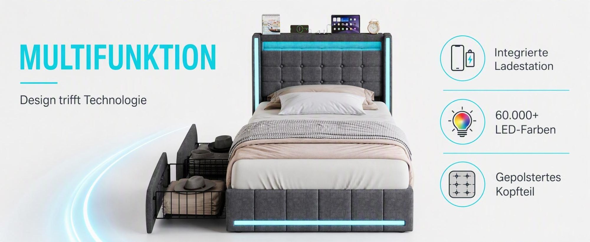 INONEFT Boxspringbett 90x200 mit 2 Schubladen, LED & USB-C – Jugendbett,Polsterbett Einzelbett mit Lattenrost,Funktionsbett Bettgestell,Leinen, Grau