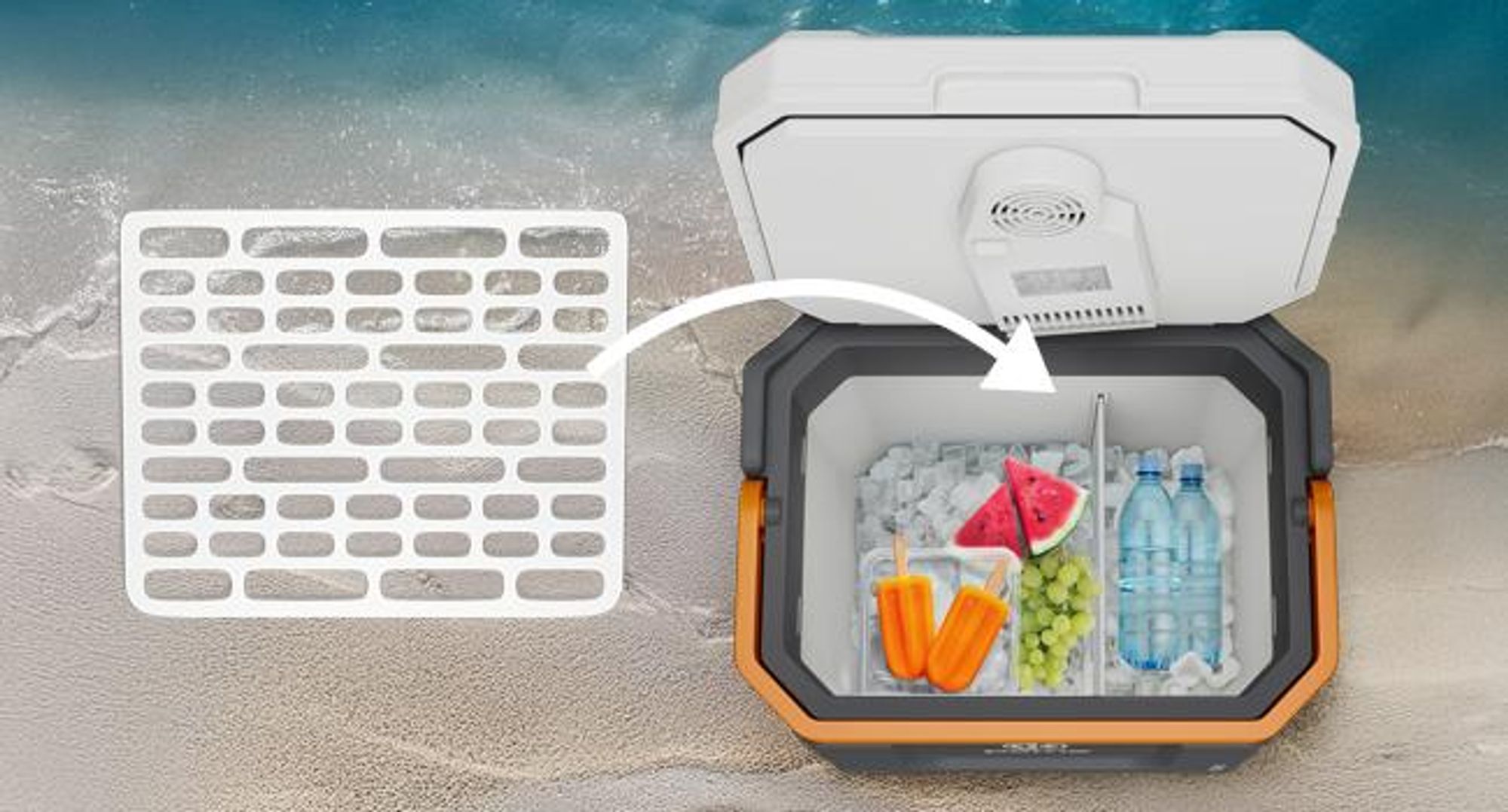 PEME Ice-on 33-litrowa lodówka elektryczna do chłodzenia i utrzymywania ciepła z głośnikiem Bluetooth, przenośna lodówka 12/230 V, złącze USB, tryb eco