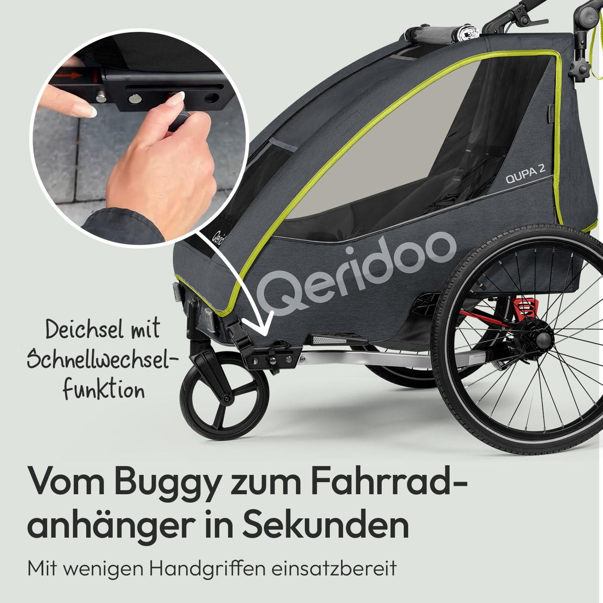 Qeridoo QUPA 2 - Kinderfahrradanhänger für 2 Kinder, Farbe: Lime