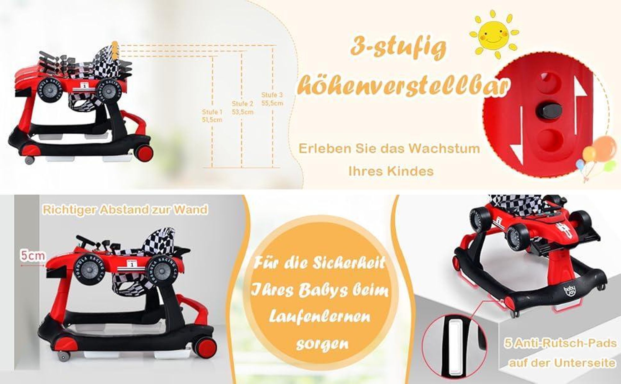 GOPLUS 4-in-1 Lauflernhilfe, Höhenverstellbare & Faltbare Lauflernwagen Tragkraft bis zu 15 kg,  Gehfrei mit Licht Musik  für Kinder von 6-18 Monaten (Grau)