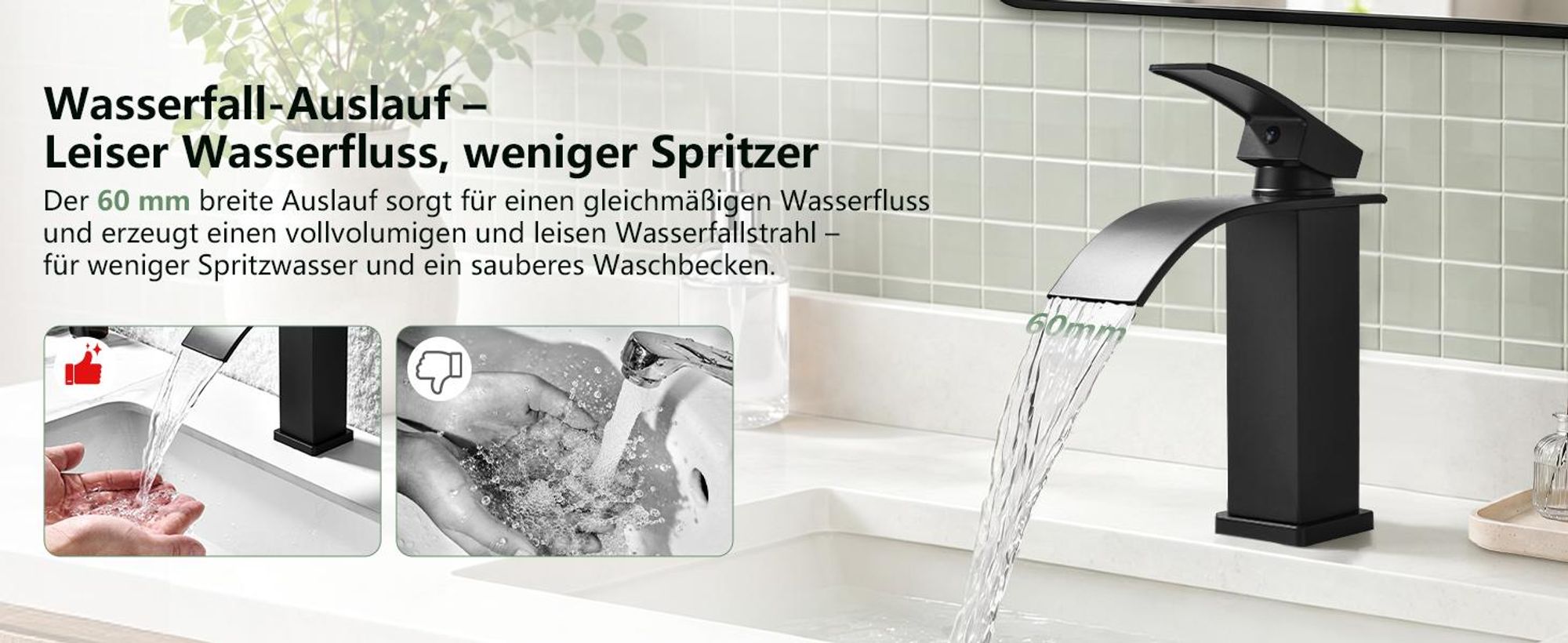 Homelody Wasserhahn Bad Waschtischarmatur Wasserfall Waschbecken Armaturen Schwarz, Mischbatterie Badezimmer Badarmatur waschbecken Einhebelmischer