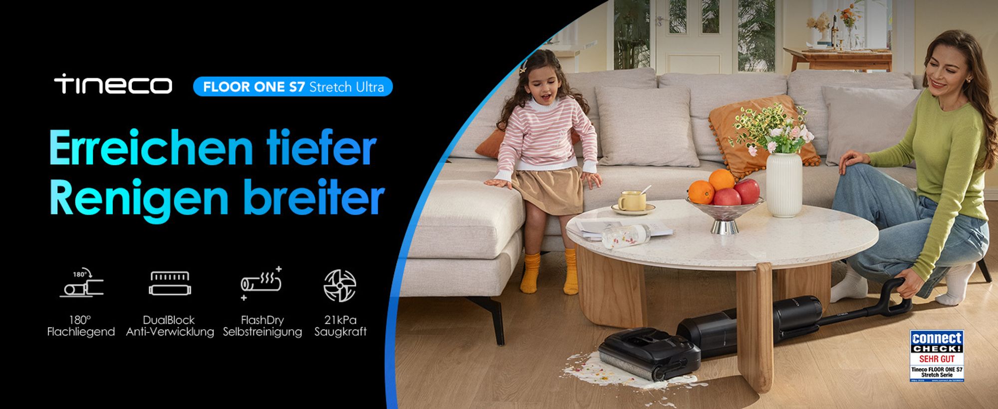 Tineco Floor ONE S7 Stretch Ultra Nass Trockensauger, 180° Lay-Flat, 85°C Flashdry Selbstreinigung, 50 Min Laufzeit, Anti-Tangle, Beide Kantenreinigen