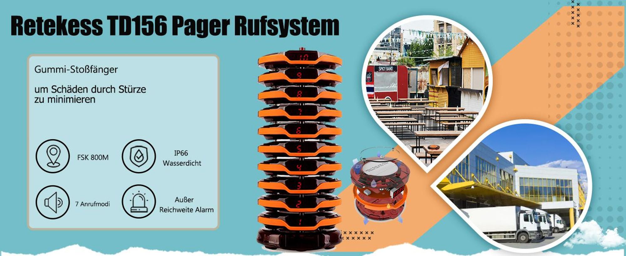 Retekess TD156 Pager Rufsystem, 800M Pager Syetem, IP67 Wasserdicht, 500mAh Akku, Service-Countdown-Zeit, Logistic aufrufsystem, Hotel, Schule