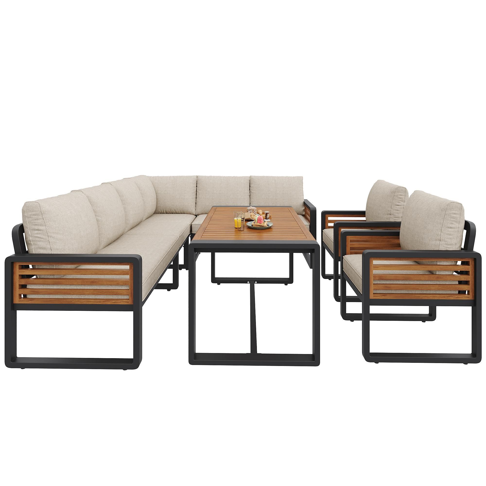 Flieks Gartenlounge-Set 7-teilig, Gartensofa mit Ecksofa, Stuhl und Tisch, Gartenmöbelset mit Kissen für 8 Personen, Gartengarnitur Sofagarnitur Beige