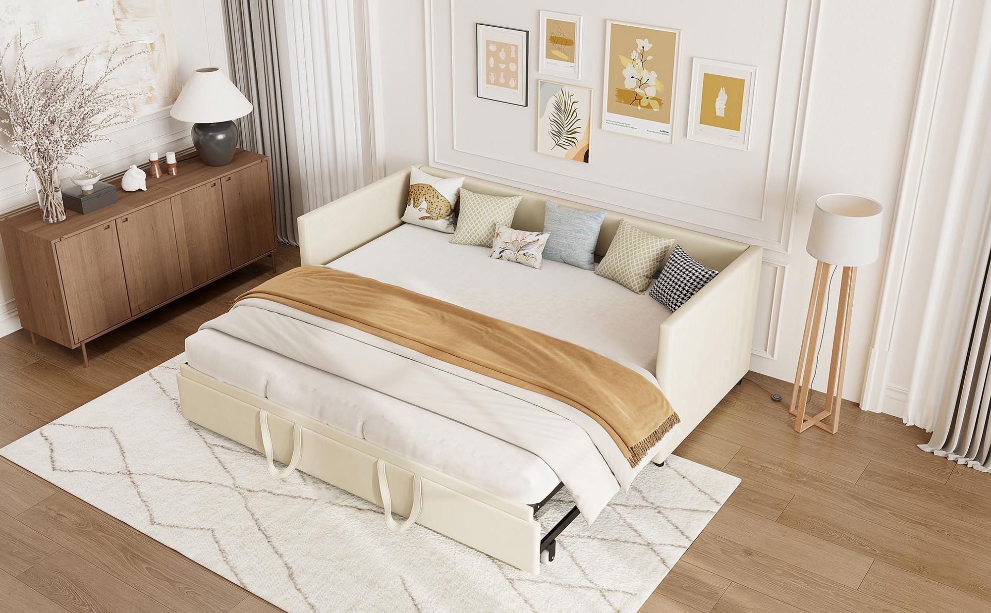 INONEFT Schlafsofa 90/180 x 200 cm, Tagesbett Ausziehbar Sofabett mit Lattenrosten, Polsterbett für Erwachsene, Samtstoff, ohne Matratze, Beige