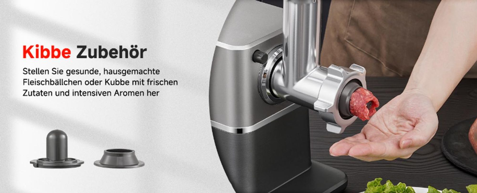 AOBOSI Elektrischer Fleischwolf 3000W Max, Leiser DC-Motor 60dB, 3 Geschwindigkeiten, 3 Edelstahlscheiben, Wurst- & Kibbe-Zubehör