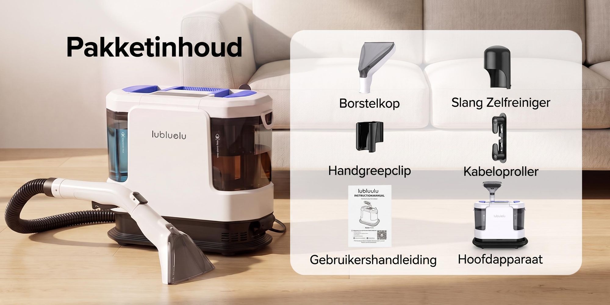 Lubluelu V11 Bekledingsreiniger Tapijtreiniger 30 kPa met Stoomfunctie, 4 Modi, 1900 W, Dubbele Tank 1,9 L + 1,1 L, voor Bank, Auto en Matras