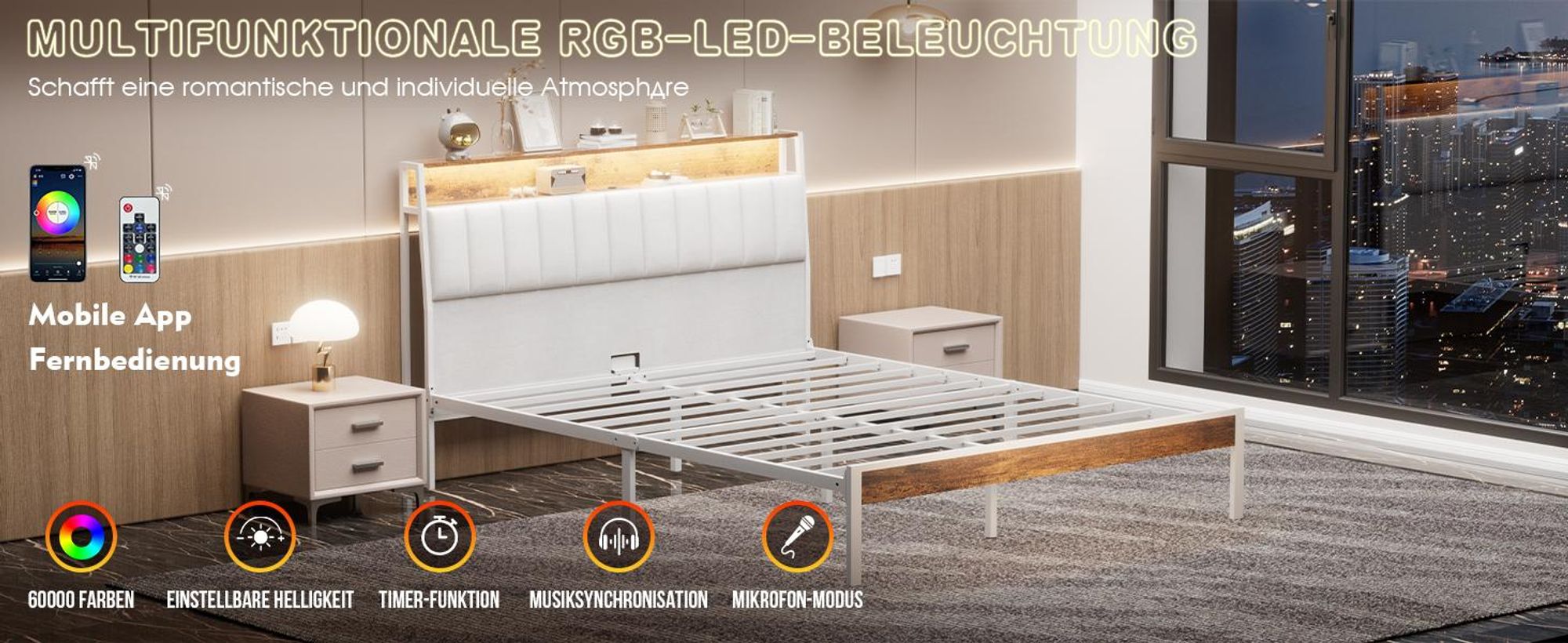 DEWINNER Bettrahmen, 140 x 200, mit Metallgestell, 2-Personen-Bett, mit LED-Beleuchtung und Mehrfachsteckdosen (1 Steckdose, 2 USB-Anschlüsse)