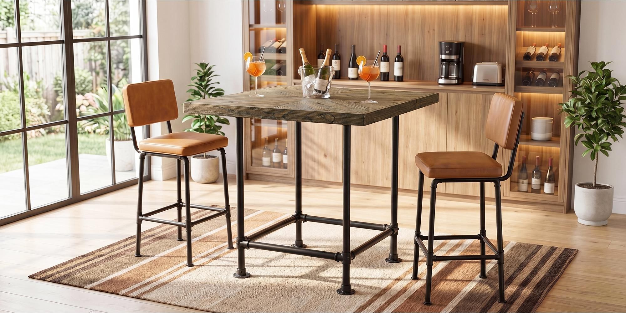 Tribesigns Bartisch, 90 cm Bistrotisch, quadratischer Stehtisch mit Fußstütze, Küchentisch, mit Massivholzplatte und stabilem Metallgestell