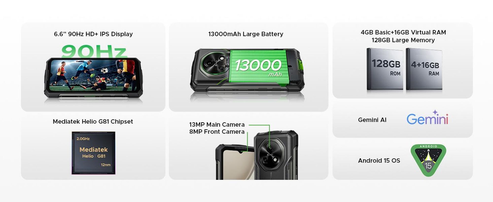 DOOGEE Fire 5 Pro – outdoor smartphone, Android 15, 4G, ochrana IP68/IP69K, 6,6" displej s obnovovací frekvencí 90 Hz, baterie 13000 mAh, nabíjení 18W, 20+128 GB, fotoaparát 13 MP, NFC, čtečka otisků prstů, bez smlouvy