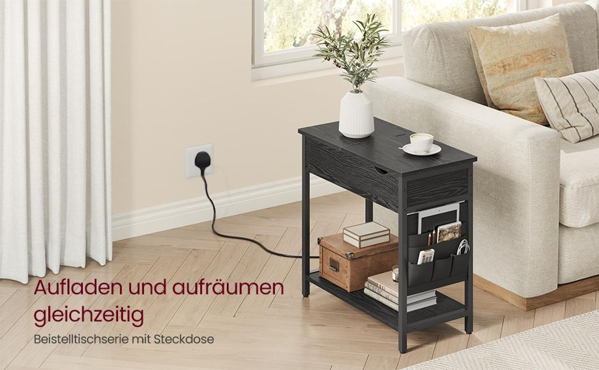 VASAGLE Beistelltisch, mit Steckdosen und USB-Anschlüsse, klappbare Tischplatte, Schwarz