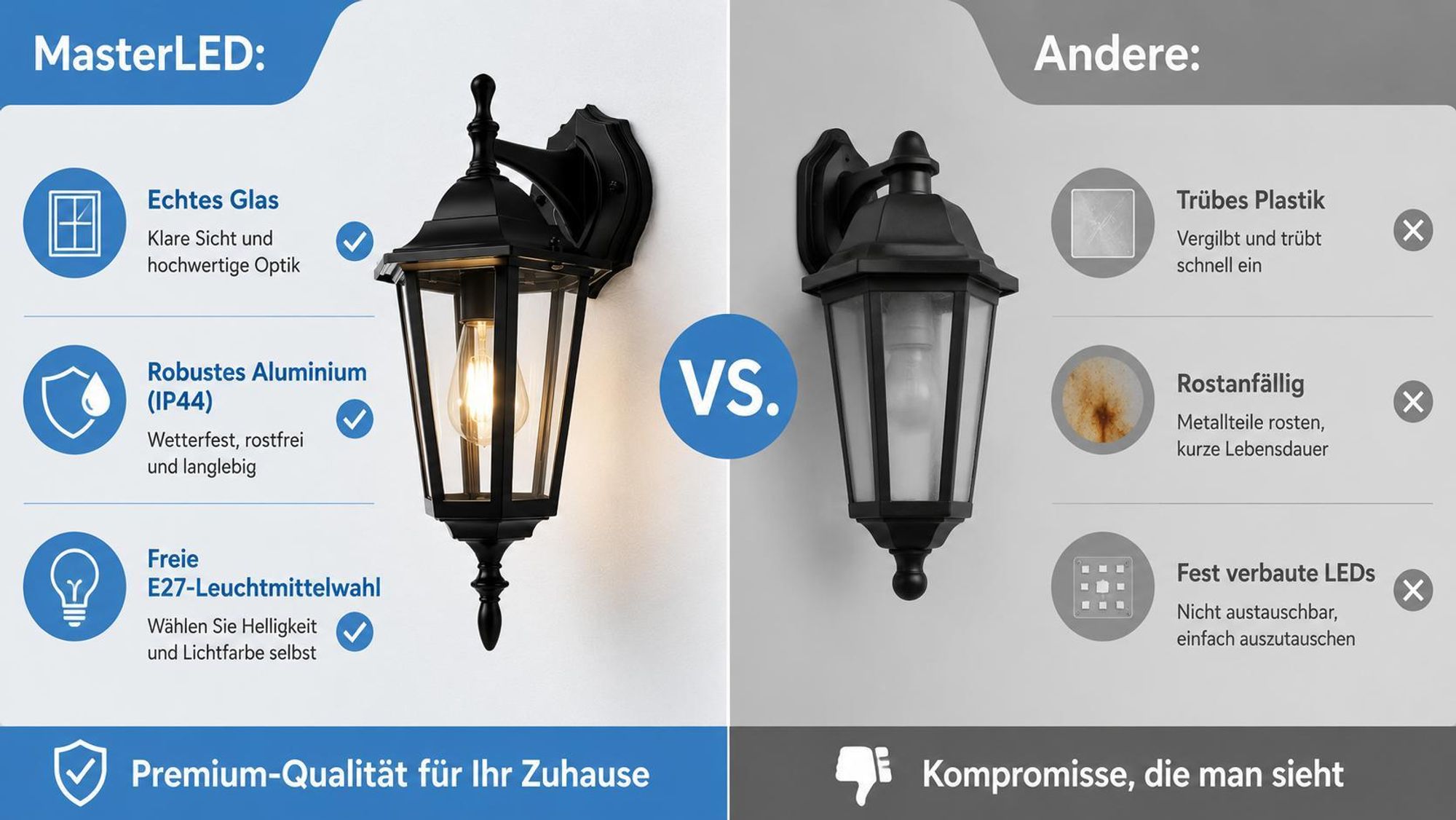 MasterLED Außenwandleuchte E27 max 60W IP44 Aluminium Glas schwarz RAL 9005 Wandmontage