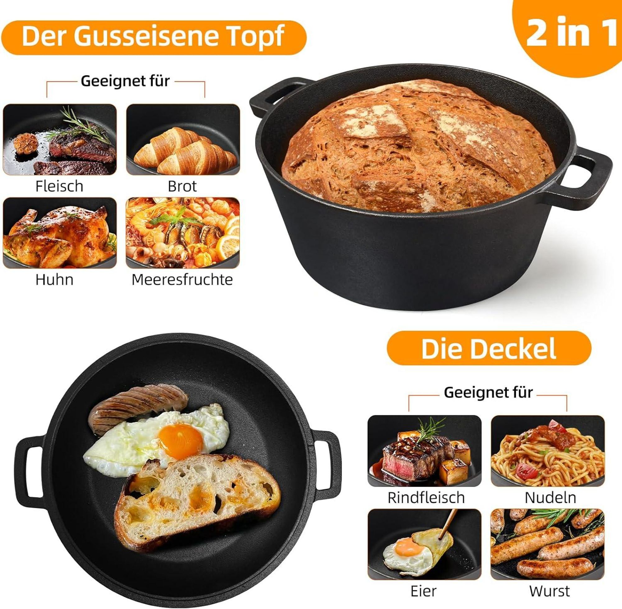 Gusseisen Topf – 2in1 Dutch Oven Brotback Topf mit Deckel | Gusseisen Bräter 4,5 Liter Gusstopf