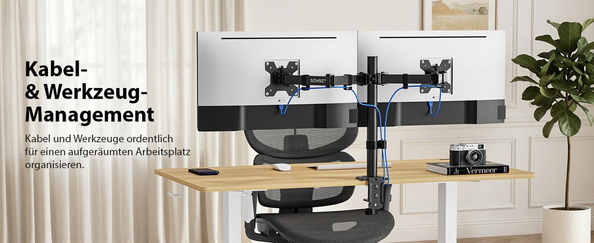 SENSE7 HANG LIGHT DOUBLE Dual Monitor Halterung 17-32 Zoll VESA 2x9kg Pivot Gasfeder Schreibtisch 2 Bildschirme Schwarz Ergonomisch