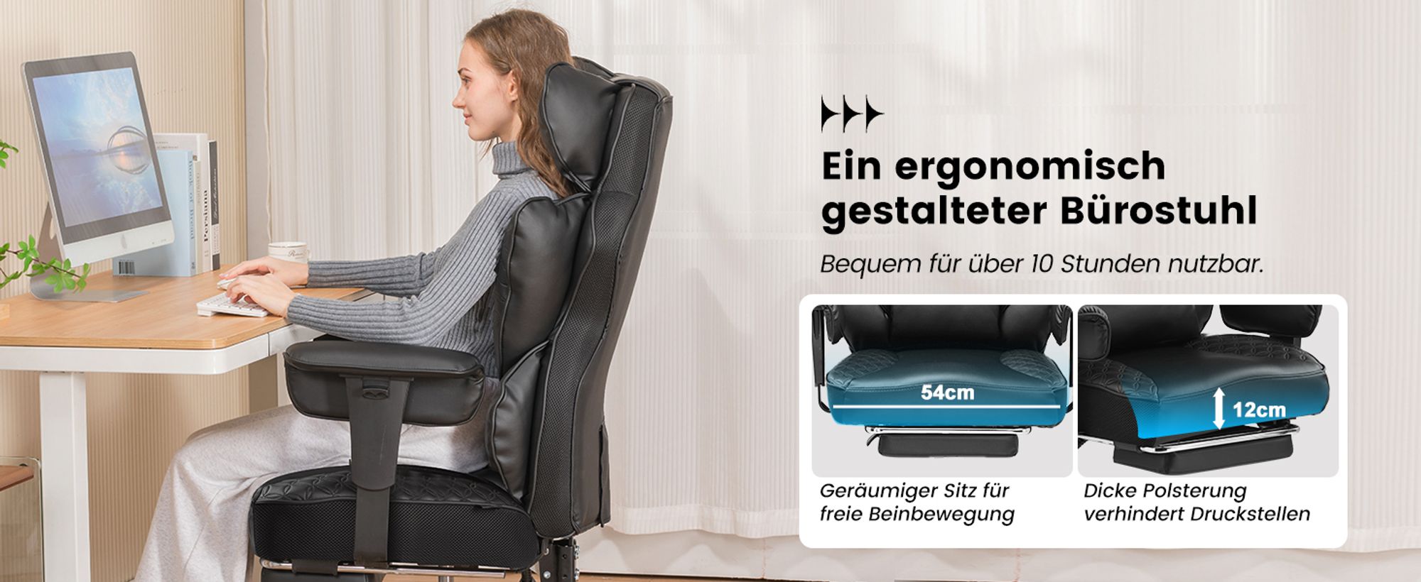 COMHOMA Gaming Stuhl, ergonomischer Bürostuhl, Schreibtischstuhl mit verstellbare Armlehnen, Taschenfederkern-Lendenwirbelstütze  150 kg, schwarz
