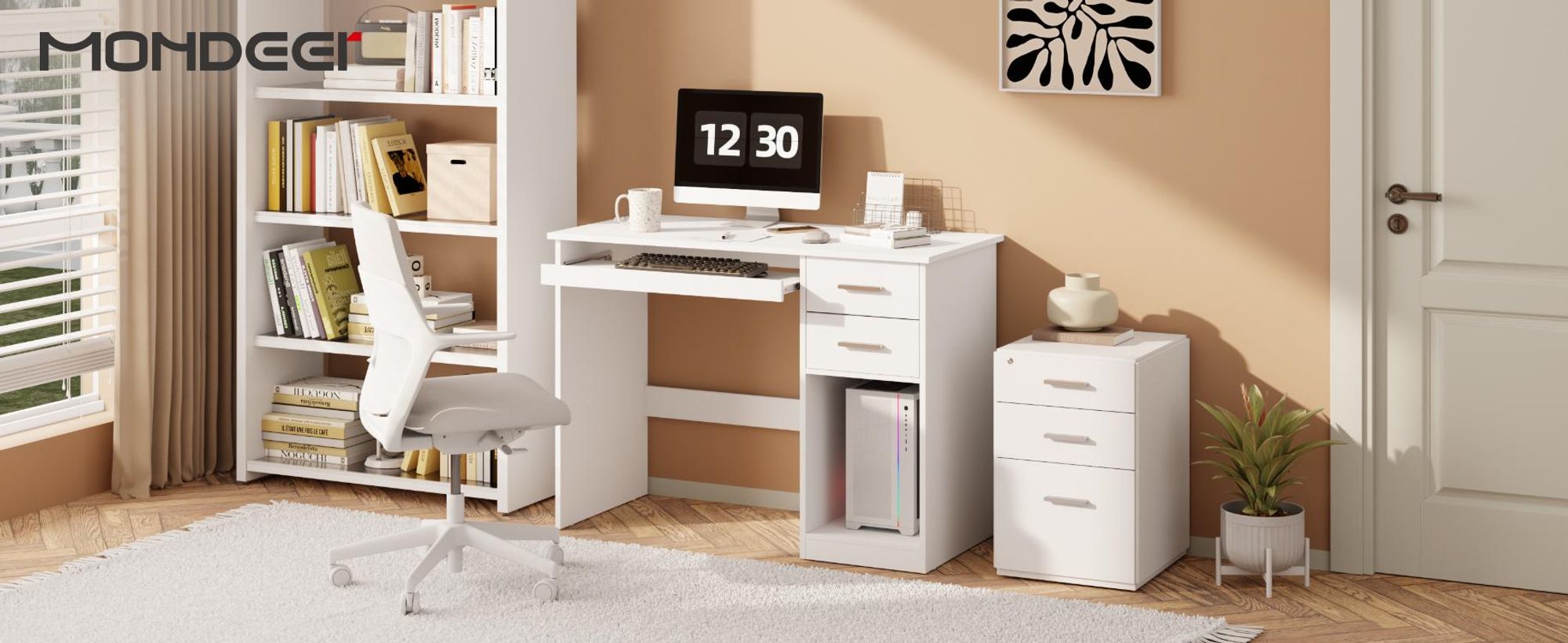 Mondeer Schreibtisch Computertisch mit 2 Schubladen & Tastaturauszug, Moderner Bürotisch für Homeoffice 105x48x76 cm Weiß