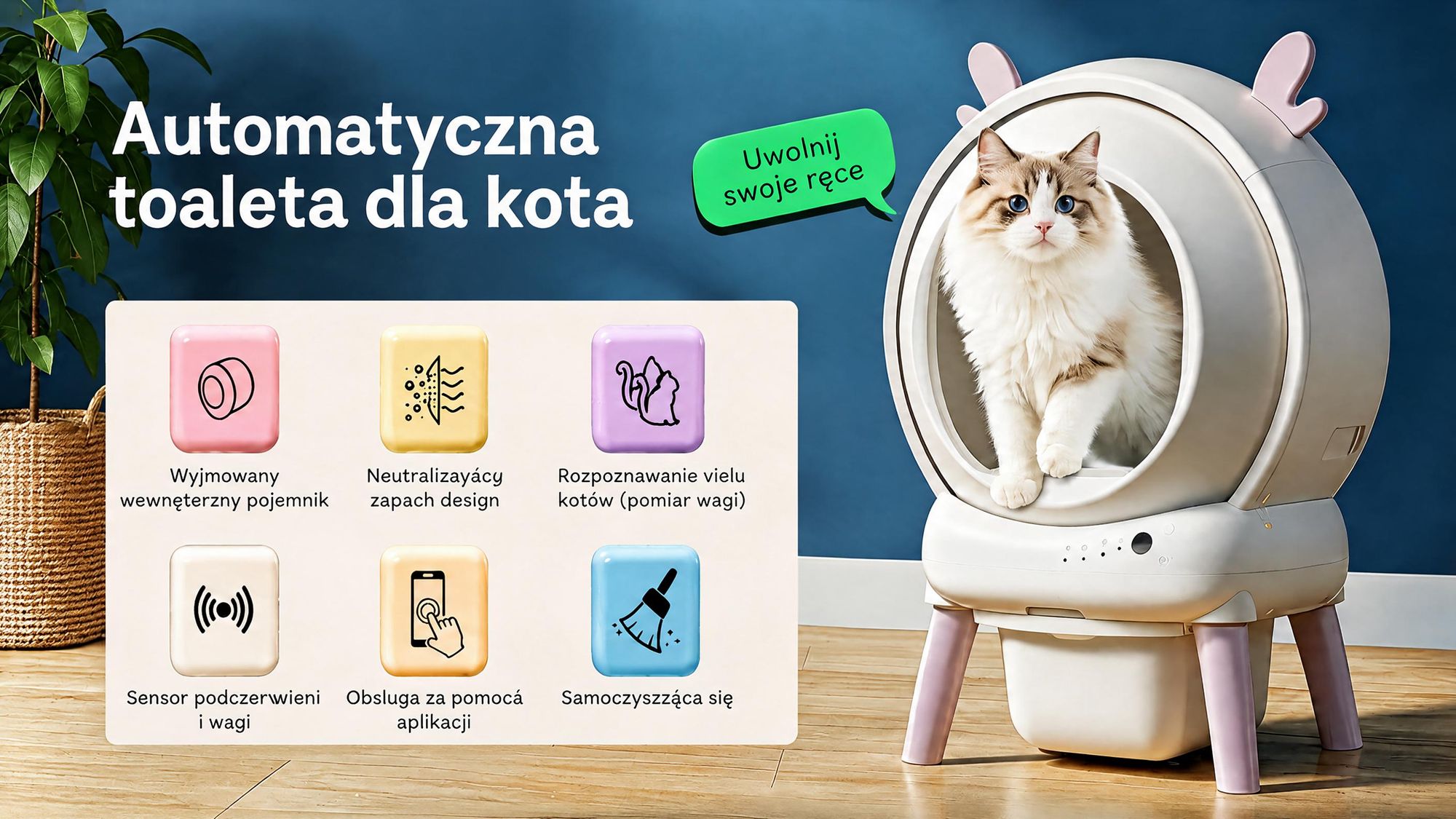 Automatyczna toaleta dla kota XXL, sterowana aplikacją, przeznaczona dla dużych kotów lub domów z wieloma kotami, wyposażona w 9 czujników zapobiegających zacięciom, o minimalnym zapachu i cichym działaniem
