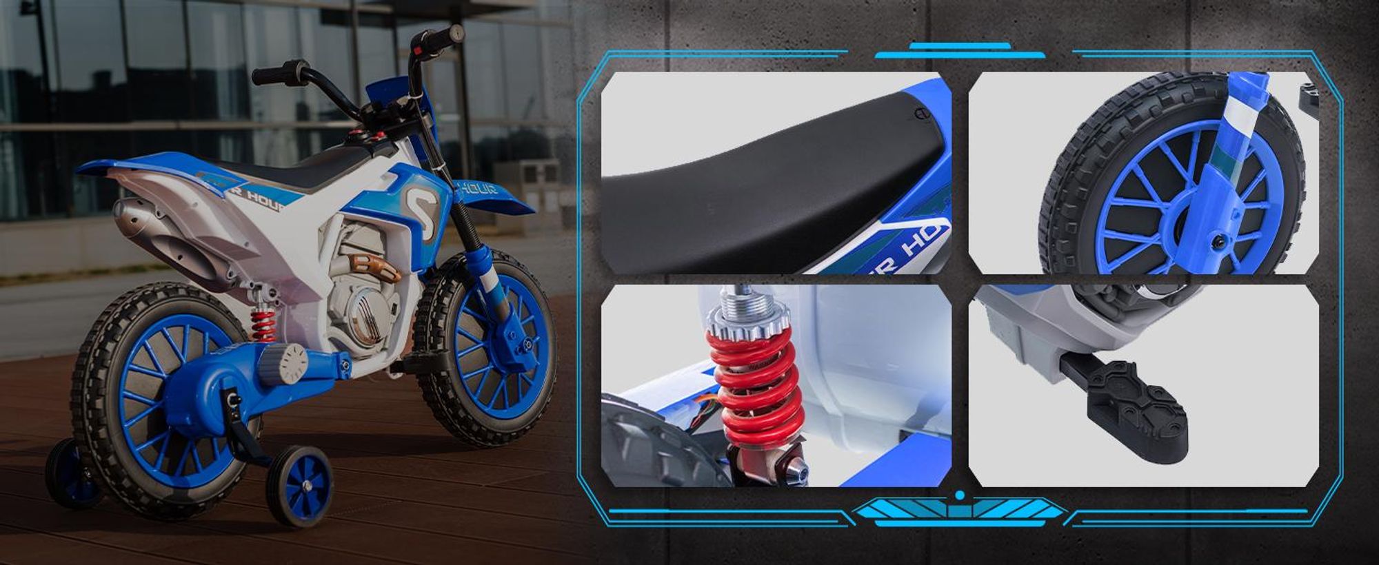 HOMCOM - Elektryczny motocykl dla dzieci, pojazd elektryczny dla dzieci, niebiesko-biały