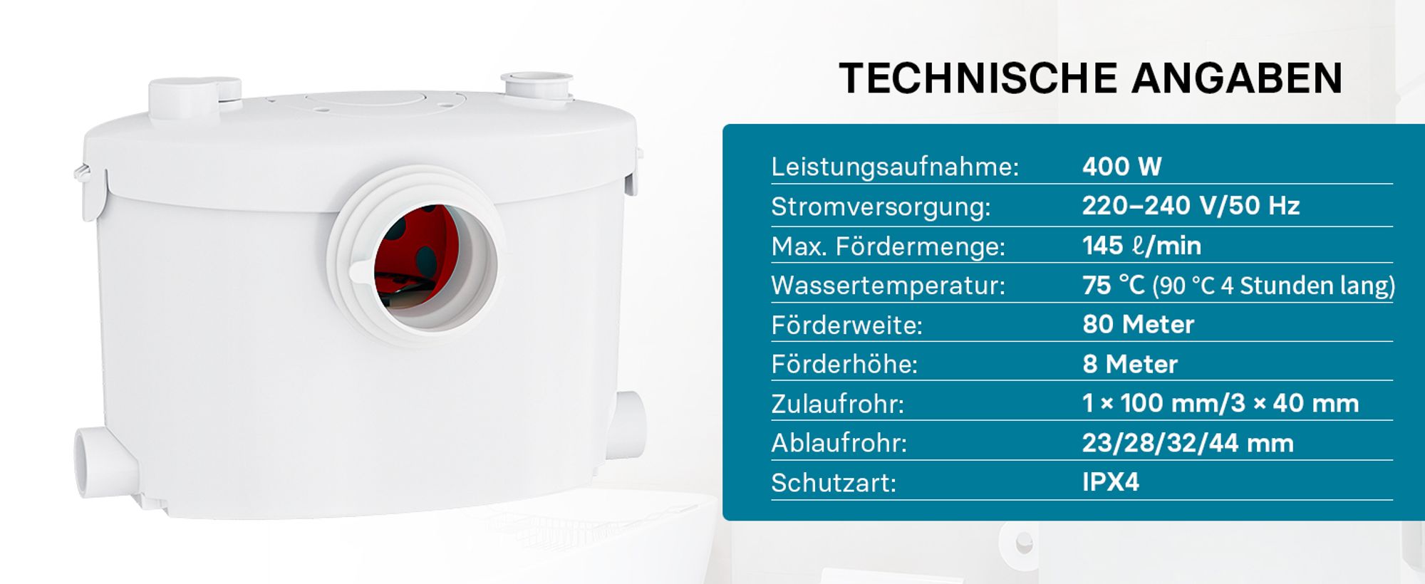 Wiltec 3/1 Kleinhebeanlage 600 W mit Häcksler, Hebeanlage bis 10 m Höhe, Abwasserhebeanlage mit 3 Einlässen, für WC und Dusche