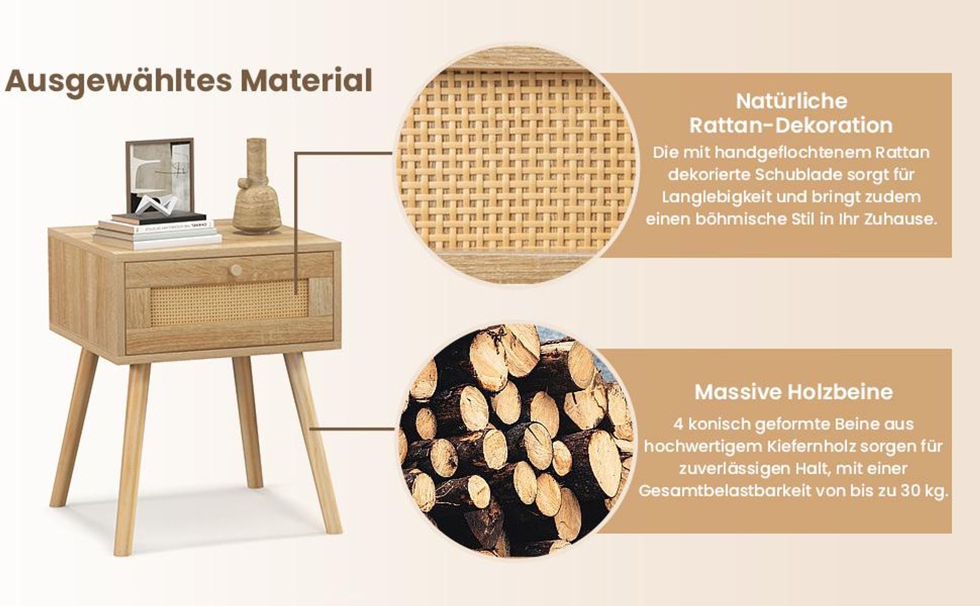 COSTWAY Nachttisch mit Schublade, Beistelltisch mit Rattan-Design, Nachtkommode, Nachtkonsole, Sofatisch für Schlafzimmer, Wohnzimmer, Eiche, 40 x 40 x 55 cm