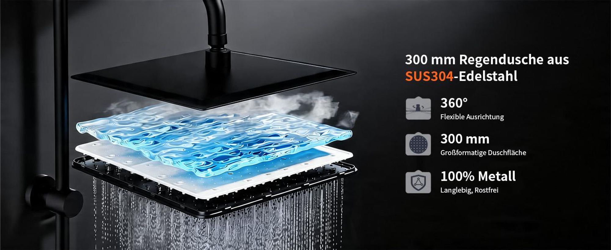 Homelody Duschsystem ohne Armatur, Duschset Duschsäule mit SUS304 Edelstahl Duschablage 30cm kopfbrause & Handbrause Quadratisch 5 Strahlarten Schwarz
