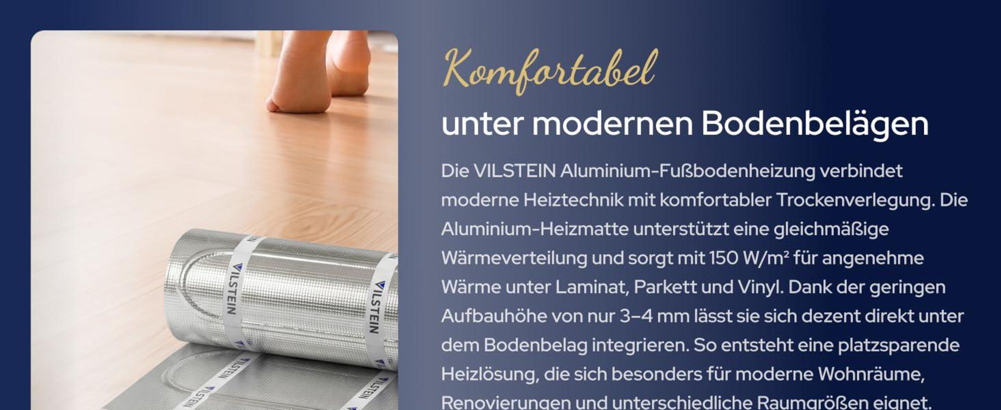 VILSTEIN Aluminium-Fußbodenheizung 150W/m² – Elektrische Heizmatte für Laminat, Parkett & Vinyl, selbstklebend, zuschneidbar, WiFi Touchscreen-Thermostat, Komplettset 15m²
