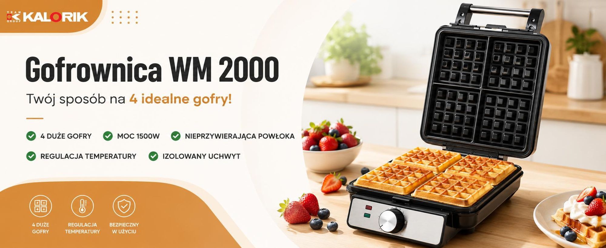 Gofrownica Kalorik 4 chrupiące gofry Regulowany termostat  1500 W