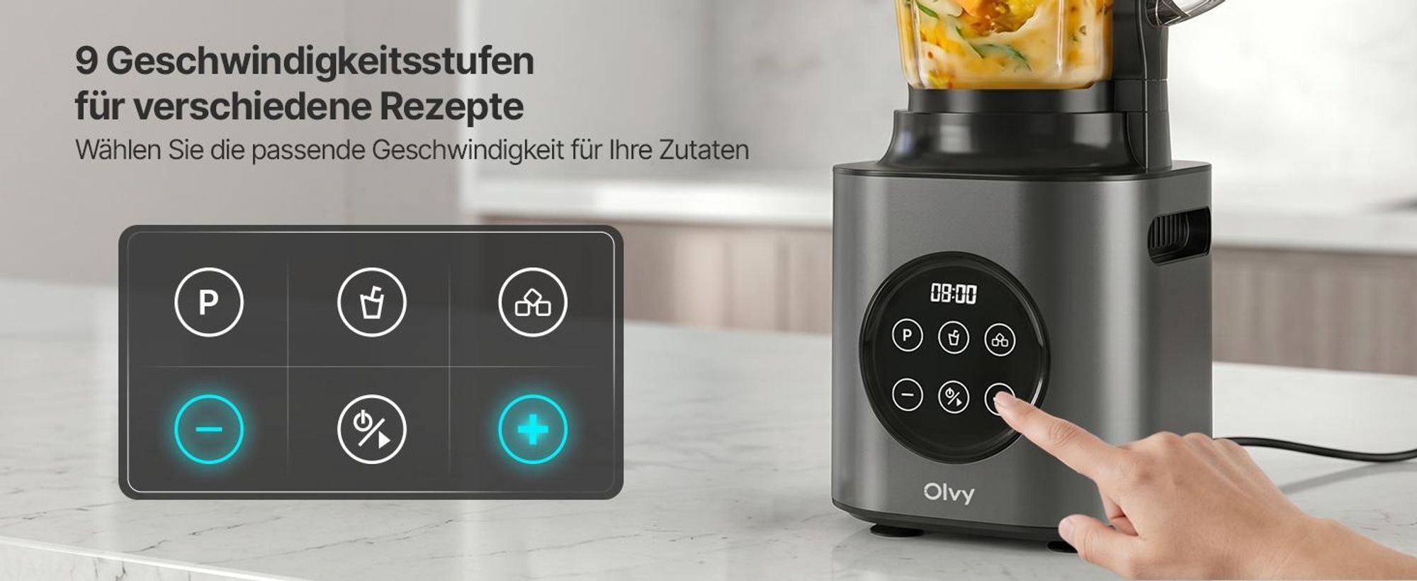 Olvy Standmixer 1000W mit 1,5L Glasbehälter & 600ml Tritan-Becher, 9 Stufen, Pulse, Ice-Crusher, Smoothie- & Milchshake-Funktion