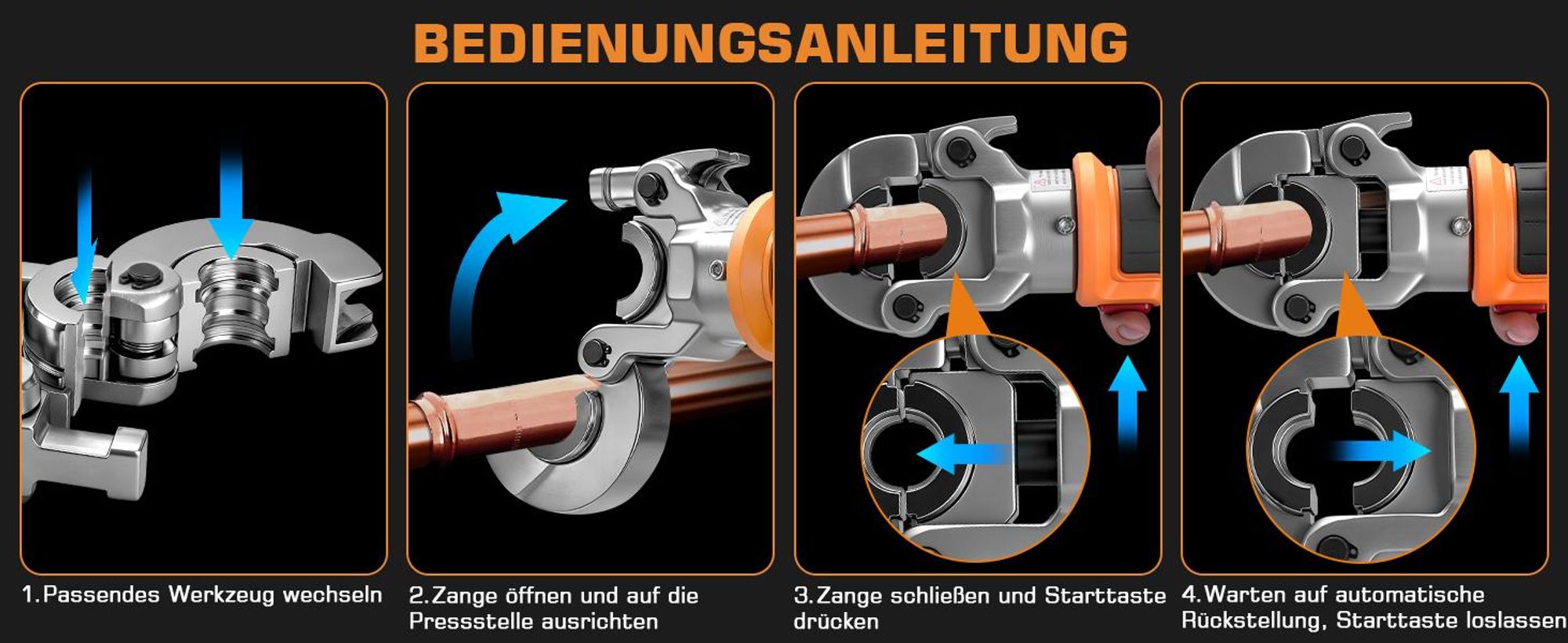 Akku Presszange V-Kontur TH-Kontur, LCD-Display, Hilfsgurt, Automatische Druckentlastung, Crimpzange für Kupferrohre Edelstahlrohre Verbundrohr